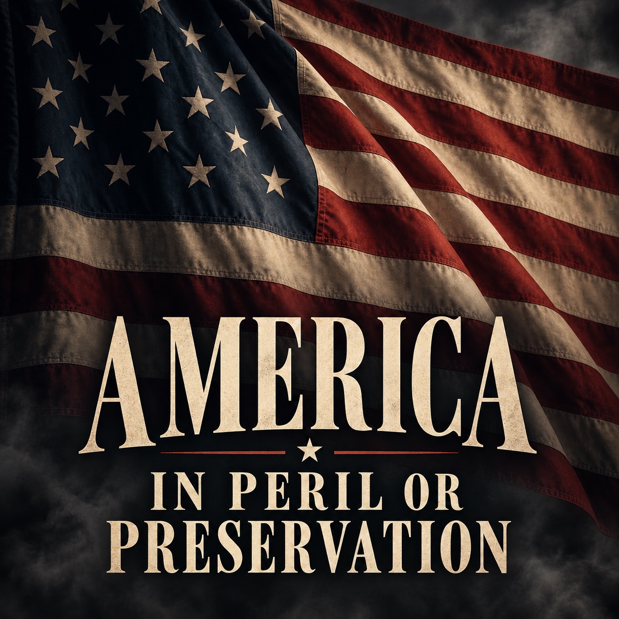 America: In Peril or Preservation over a weathered American flag